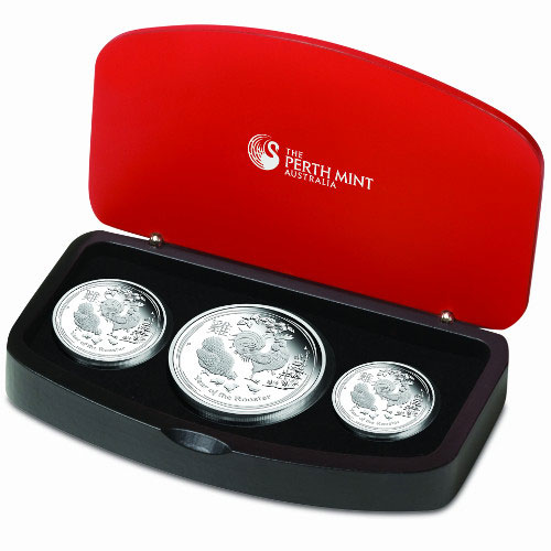 2017 Proof Australian Lunar Rooster Silver 3-Coin Set (Box + CoA)