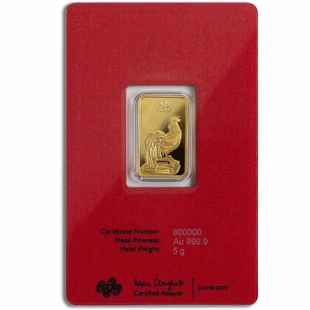 5 Gram PAMP Suisse Lunar Rooster Gold Bar (New w/ Assay)