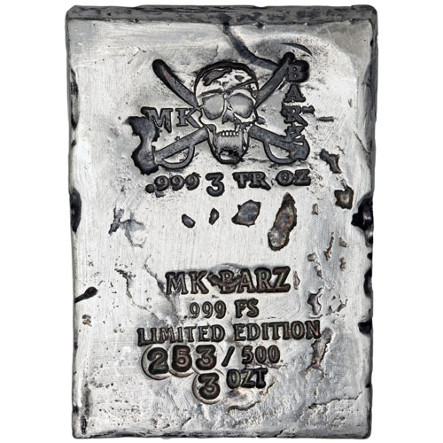 3 oz MK Barz Hand Poured Pirate Silver Wafer Bar (Style #1, New)