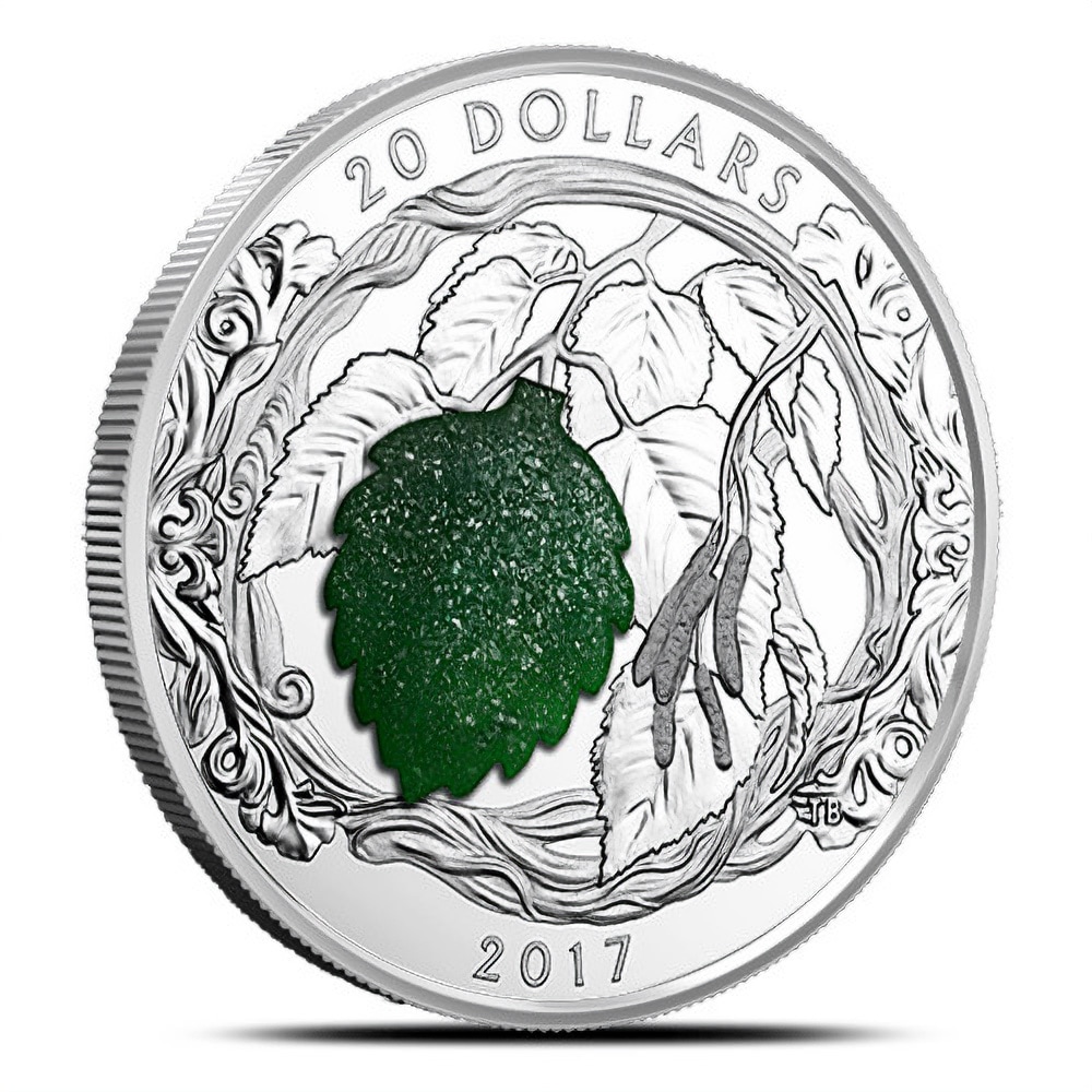 2017 1 oz Proof Canadian Silver Brilliant Birch Leaves with Drusy Stone Coin (Box)