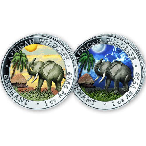 2017 1 oz Somalia Silver Elephant Day and Night Two-Coin Set (BU, 500 Mintage, Box + CoA)