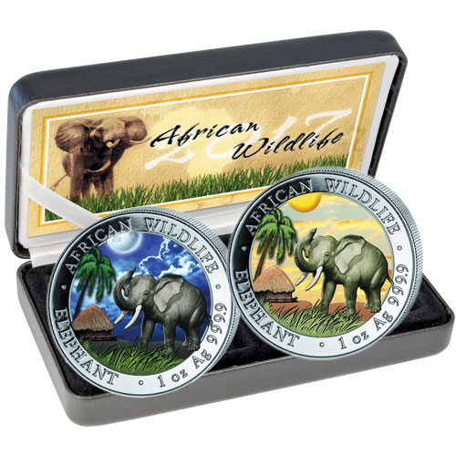 2017 1 oz Somalia Silver Elephant Day and Night Two-Coin Set (BU, 500 Mintage, Box + CoA)