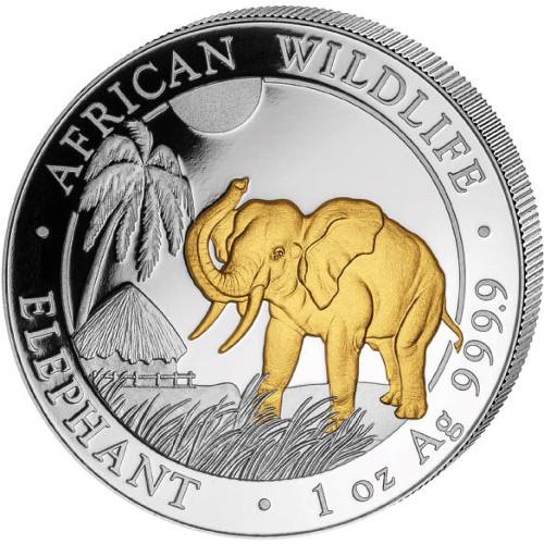 2017 1 oz Somalia Silver Elephant Coin (Gilded, BU)