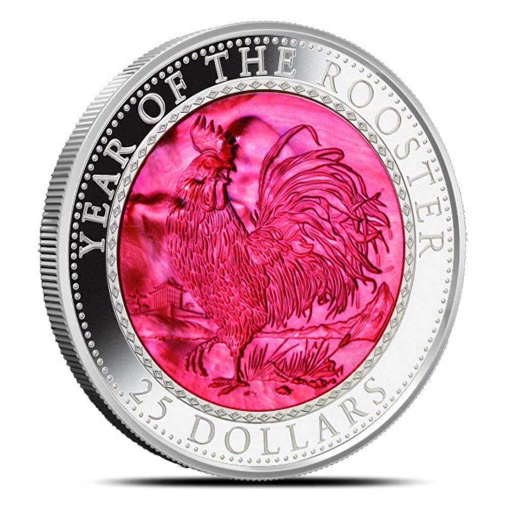2017 5 oz Proof Cook Islands Mother of Pearl Lunar Rooster Silver Coin (Box + CoA)