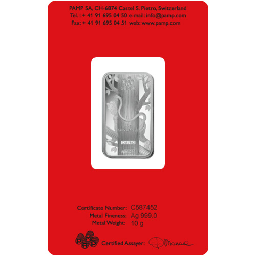 10 Gram PAMP Suisse Lunar Monkey Silver Bar (New w/ Assay)