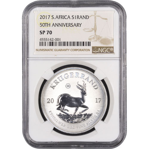 2017 1 oz South African Silver Krugerrand Coin NGC SP70 (Varied Label)