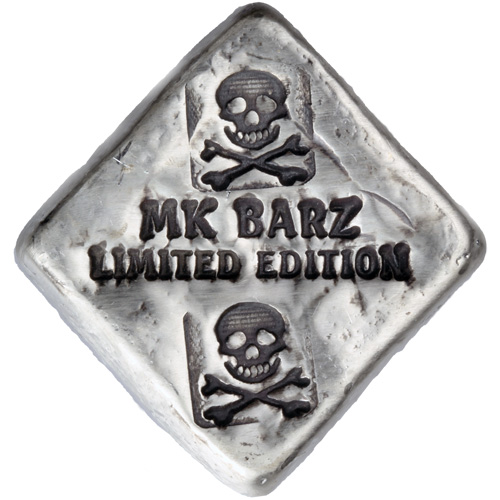 2 oz MK Barz Hand Poured Diamond Skull Silver Bar (New)