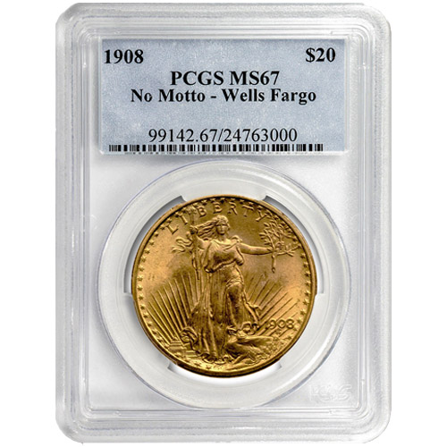1908 $20 Saint Gaudens Gold Double Eagle Coin “No Motto” (PCGS MS67)