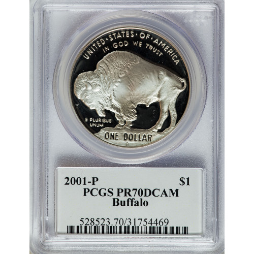 2001-P Buffalo Silver Dollar Coin PCGS PR70 DCAM Fraser Label