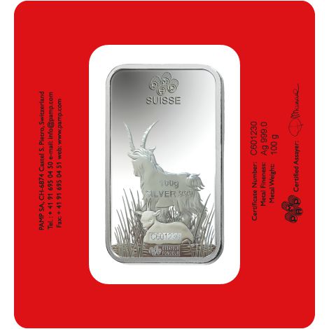 100 Gram PAMP Suisse Lunar Goat Silver Bar (New w/ Assay)