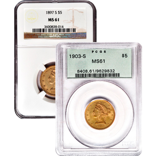 Pre-33 $5 Liberty Gold Half Eagle Coin MS61 (PCGS or NGC)
