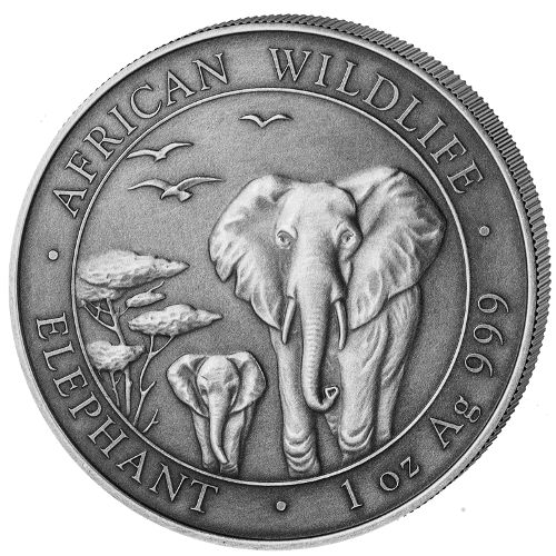 2015 1 oz Somalia Silver Elephant Coin (Antique Finish, 3,000 Mintage)