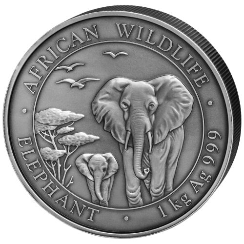 2015 1 Kilo Somalia Silver Elephant Coin (BU, Antique Finish, 200 Mintage)
