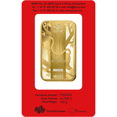 100 Gram PAMP Suisse Lunar Monkey Gold Bar (New w/ Assay)