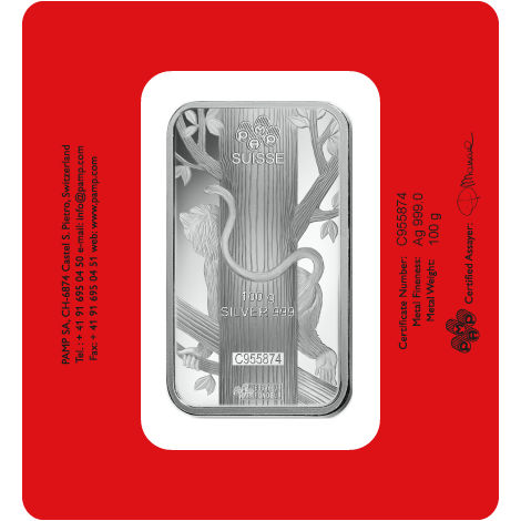 100 Gram PAMP Suisse Lunar Monkey Silver Bar (New w/ Assay)