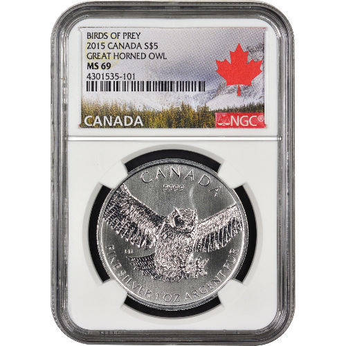 2015 1 oz Canadian Silver Great Horned Owl Coin NGC MS69