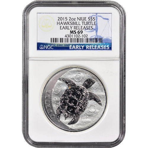 2015 2 oz New Zealand Silver $5 Niue Hawksbill Turtle Coin NGC MS69 ER