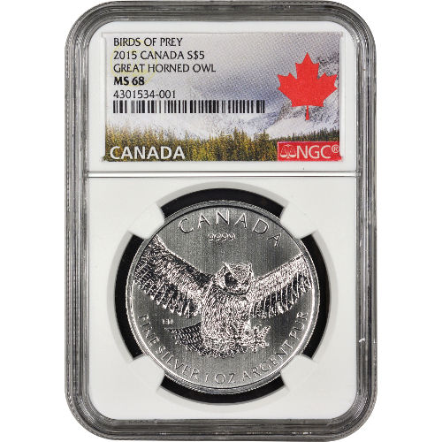 2015 1 oz Canadian Silver Great Horned Owl Coin NGC MS68