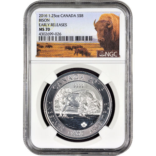 2016 1.25 oz $8 Canadian Silver Bison Coin NGC MS70 ER