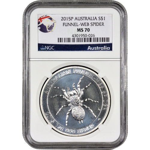 2015 1 oz Australian Silver Funnel-Web Spider Coin NGC MS70