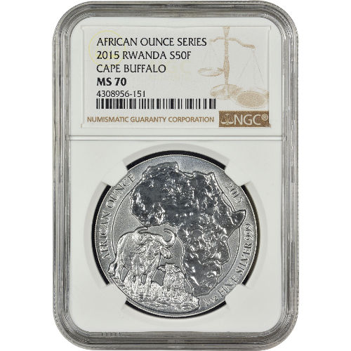 2015 1 oz Rwandan African Buffalo Silver Coin NGC MS70