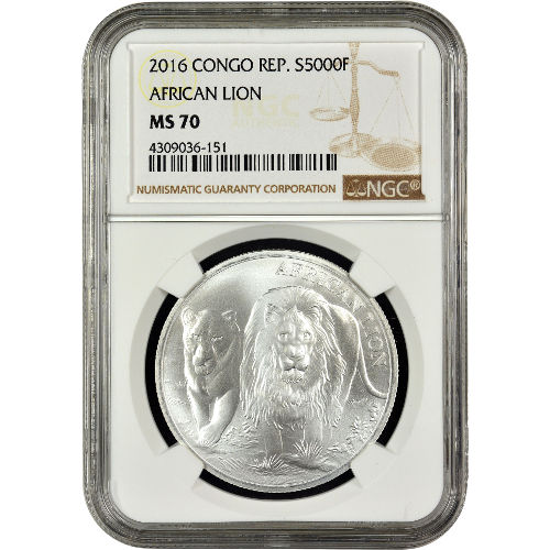 2016 1 oz Congo Silver African Lion Coin NGC MS70