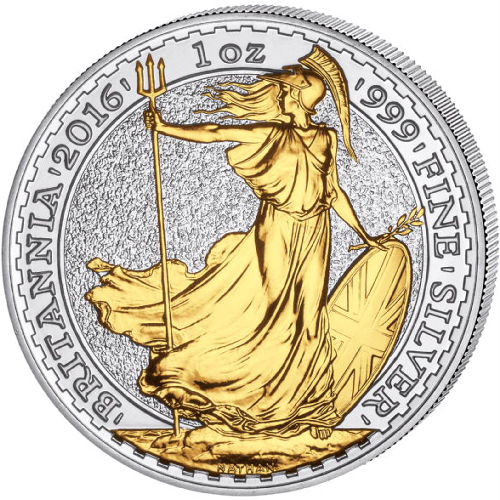 2016 1 oz British Silver Britannia Coin (Gilded, BU)