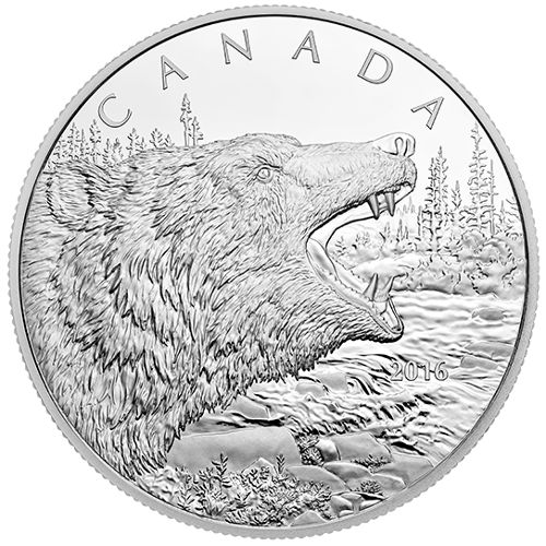 2016 500 Gram Proof $125 Canadian Silver Roaring Grizzly Coin (Box)