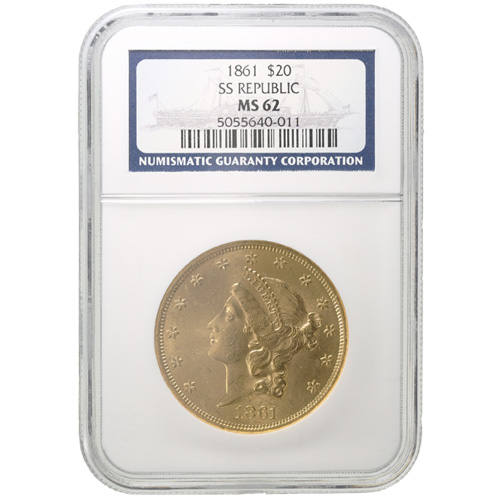 1861 Pre-33 $20 Liberty Gold Double Eagle SS Republic (NGC MS62)