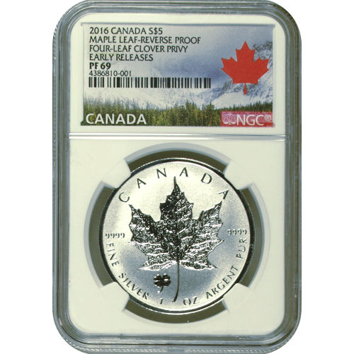 2016 1 oz Four Leaf Clover Privy Canadian Silver Maple Leaf Reverse Proof Coin NGC PF69 ER