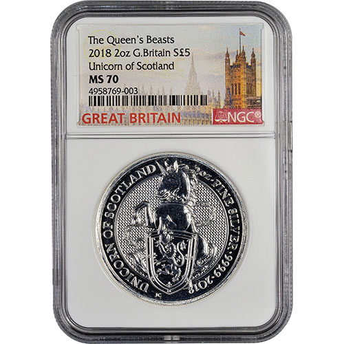 2018 2 oz British Silver Queen’s Beast Unicorn Coin NGC MS70