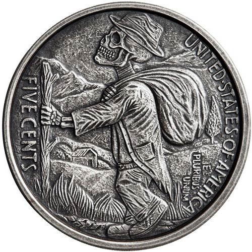 5 oz Antique Skulls and Scrolls Silver Round (Hobo Nickel Series #3, New w/ CoA)