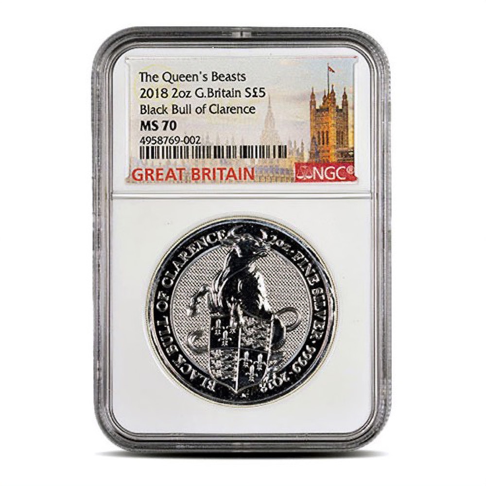 2018 2 oz British Silver Queen’s Beast Black Bull Coin NGC MS70