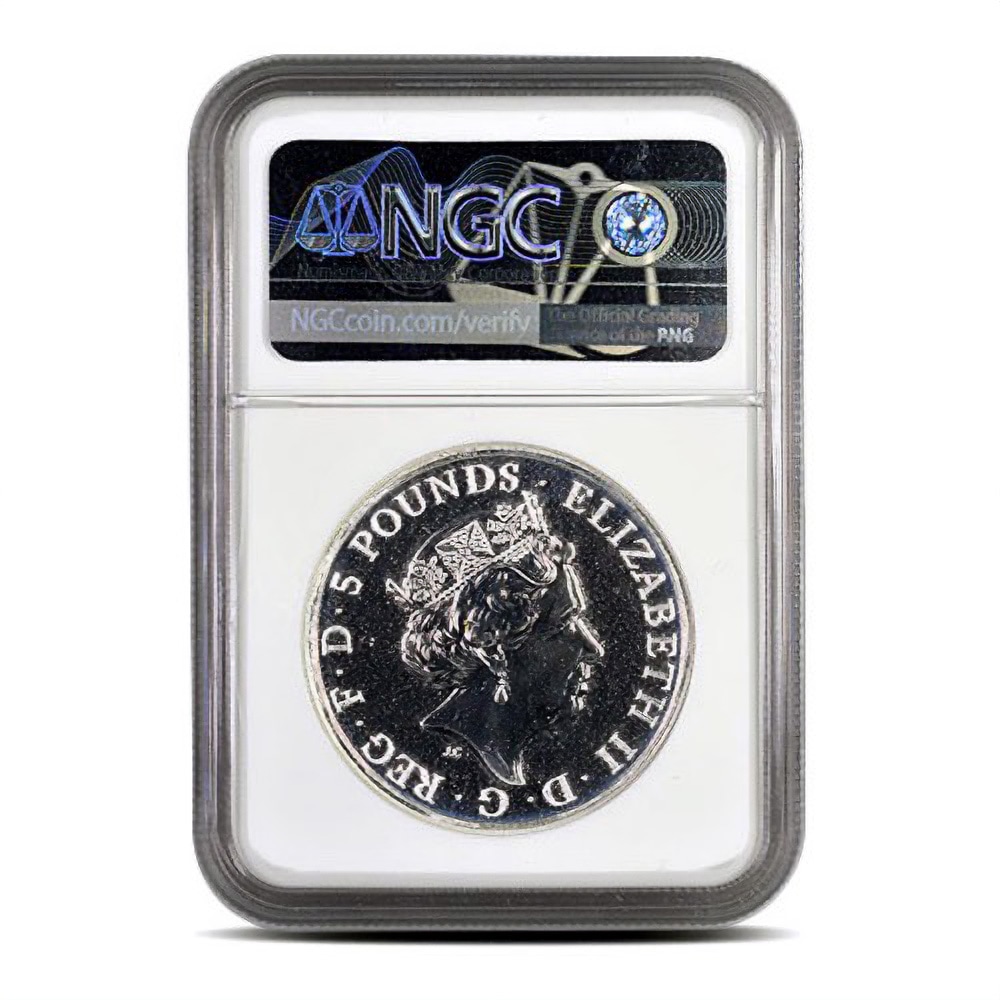 2018 2 oz British Silver Queen’s Beast Black Bull Coin NGC MS70