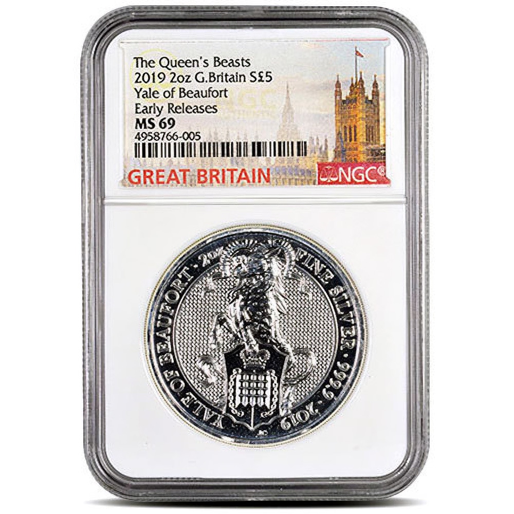 2019 2 oz British Silver Queen’s Beast Yale of Beaufort Coin NGC MS69 ER