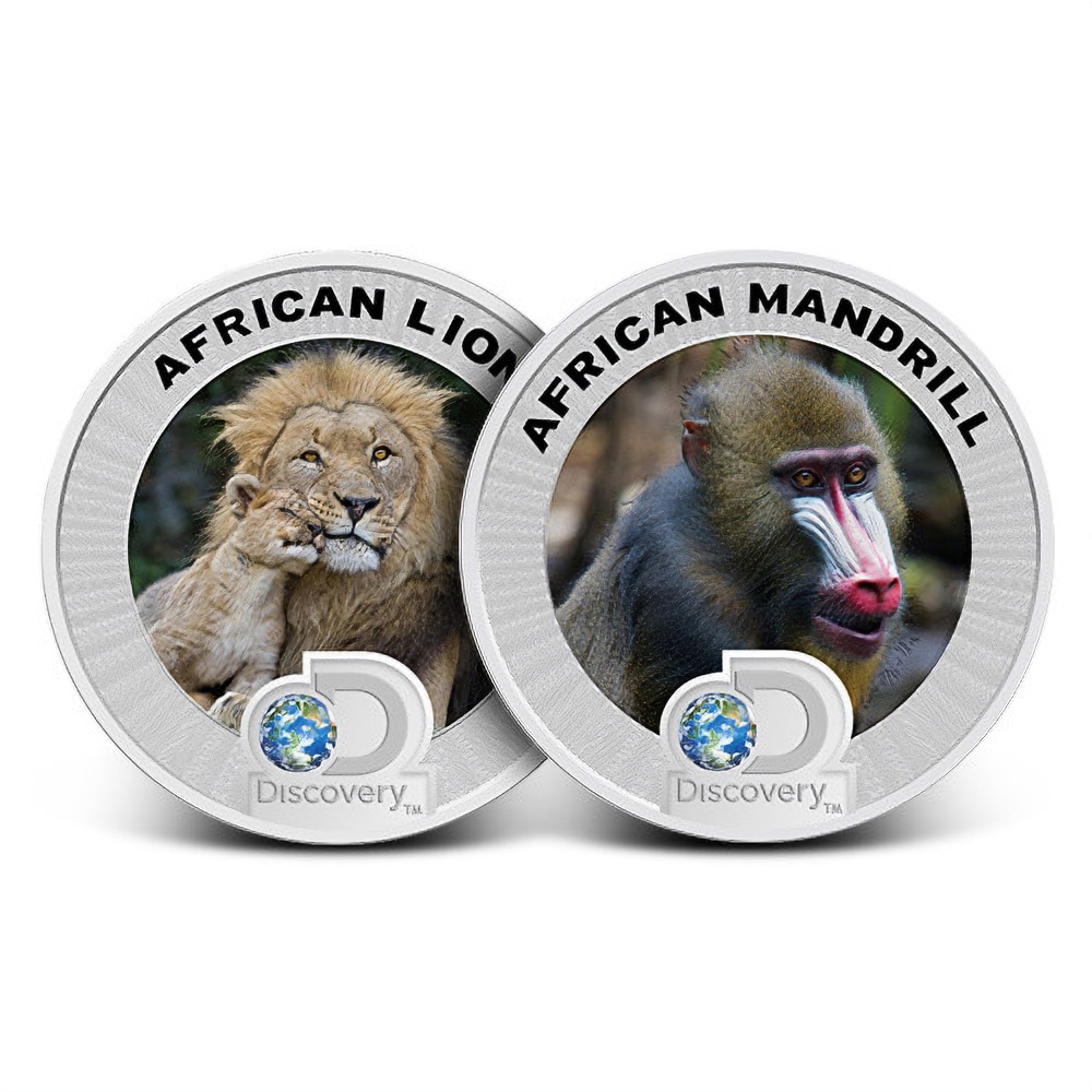 2016 3 oz Silver Discovery Endangered Species of Africa Mandrill and Lion Set (Box + CoA)