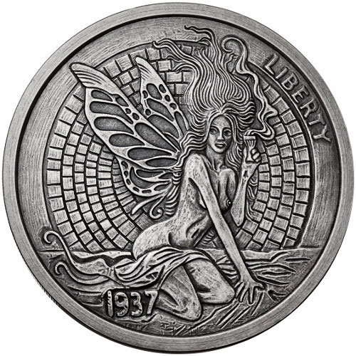 5 oz Antique Green Fairy and Fishbones Silver Round (Hobo Nickel Series #4, New w/ CoA)