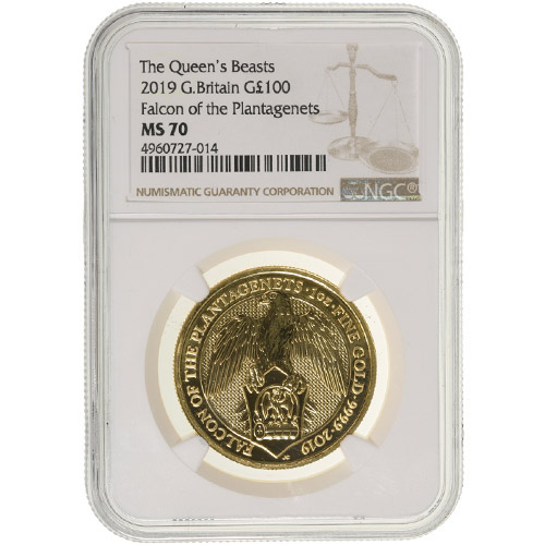 2019 1 oz British Gold Queen's Beast Falcon of the Plantagenets Coin NGC MS70