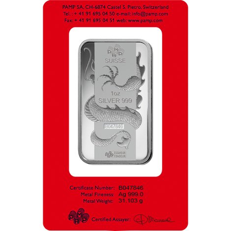 1 oz PAMP Suisse Dragon Silver Bar (New w/ Assay)
