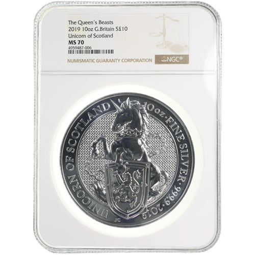 2019 10 oz British Silver Queen’s Beast Unicorn Coin NGC MS70