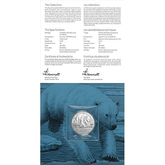 2014 1/2 oz Polar Bear $50 Canadian Silver Coin