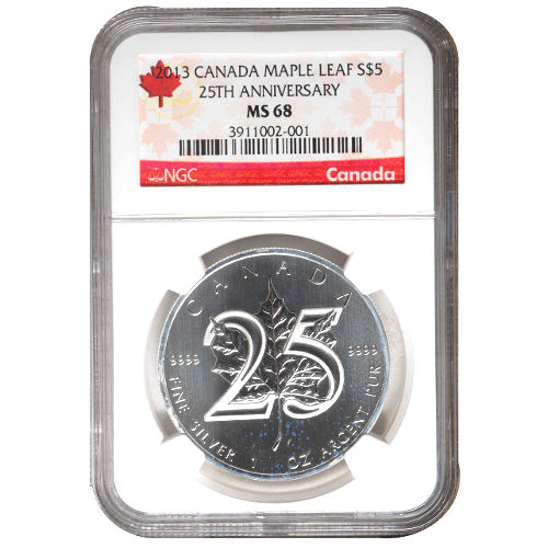 2013 1 oz 25th Anniversary Canadian Silver Maple Leaf Coin NGC MS67