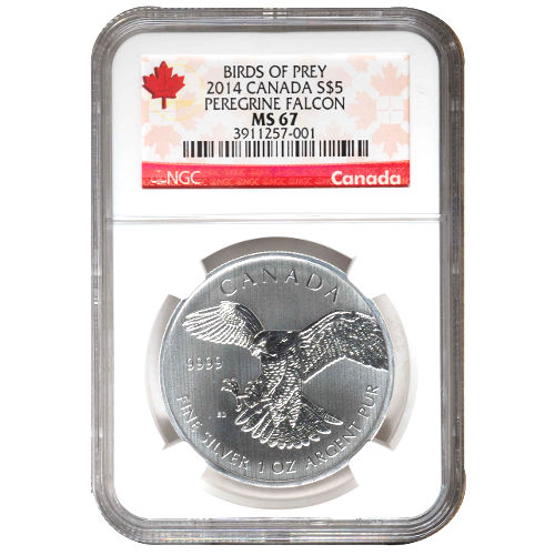 2014 1 oz Canadian Silver Peregrine Falcon Coin NGC MS67