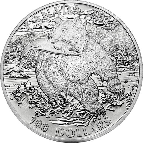 2014 1 oz Grizzly Bear $100 Canadian Silver Proof Coin