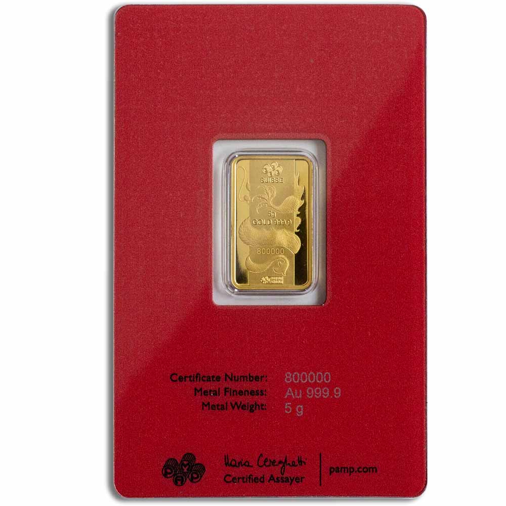 5 Gram PAMP Suisse Lunar Dragon Gold Bar (New w/ Assay)