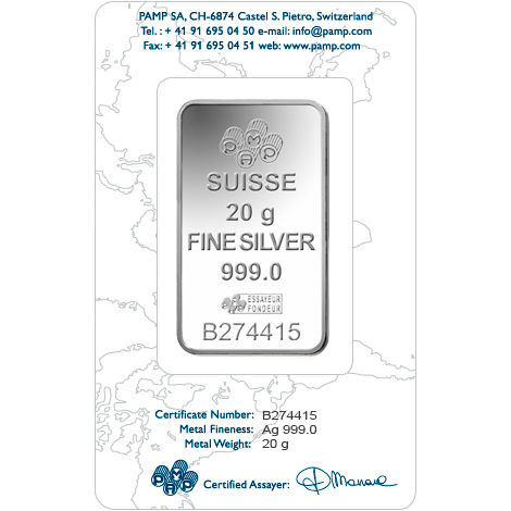20 Gram PAMP Suisse Rosa Silver Bar (New w/ Assay)