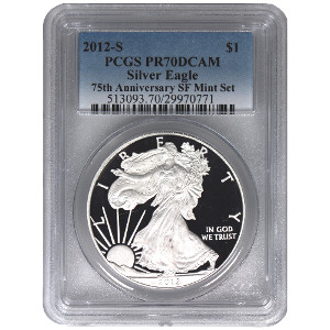 2012-S 1 oz Proof American Silver Eagle Coin PCGS PR70 DCAM 75th Anniversary