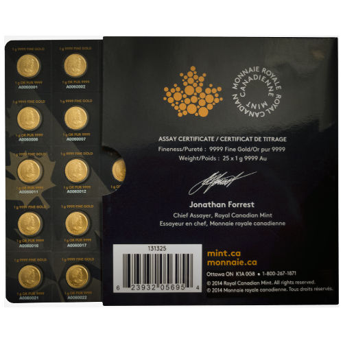 2015 25 Gram Canadian Gold MapleGram (25x1g, BU w/ Assay)