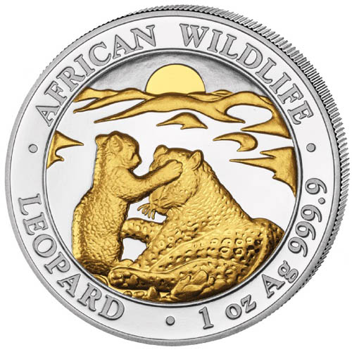 2019 1 oz Somalia Silver African Wildlife Leopard Coin (Gilded, BU)
