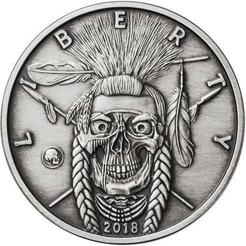 5 oz Antique American Western Skulls Indian Warrior Silver Round (New w/ CoA)